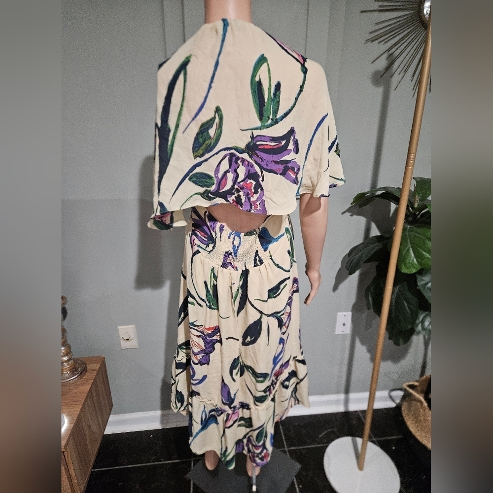 Anthropologie COREYLYNN CALTER 100% Silk Floral Cape Sleeve Dress – Size 14 - Picture 8 of 16